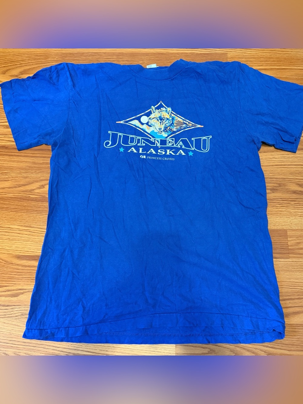Vintage Princess Cruises Juneau Alaska Wolf Graphic T-Shirt Blue Large